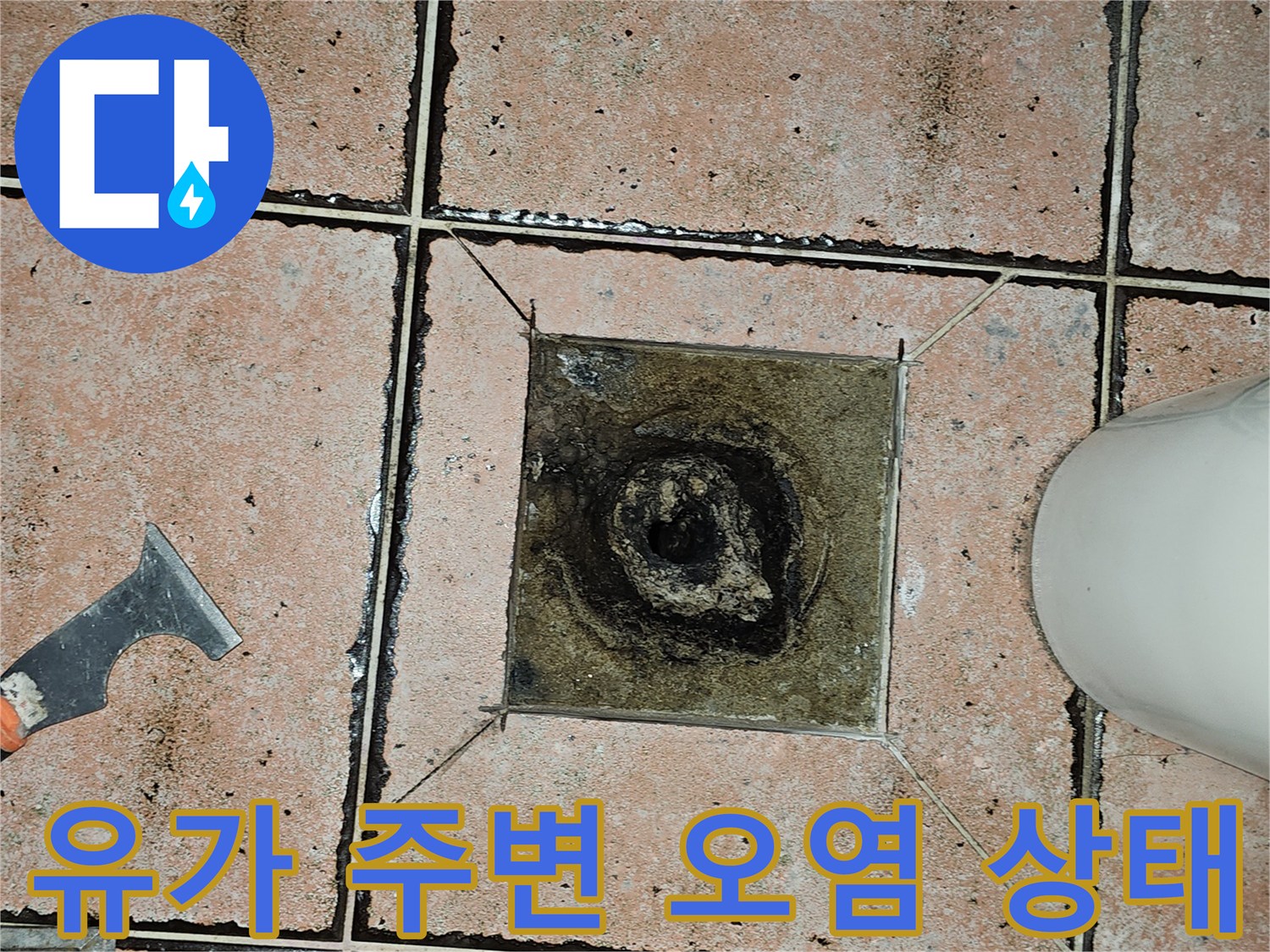 화장실 배수구-유가 주변의 타일 오염과 이물질 상태를 보여주는 사진