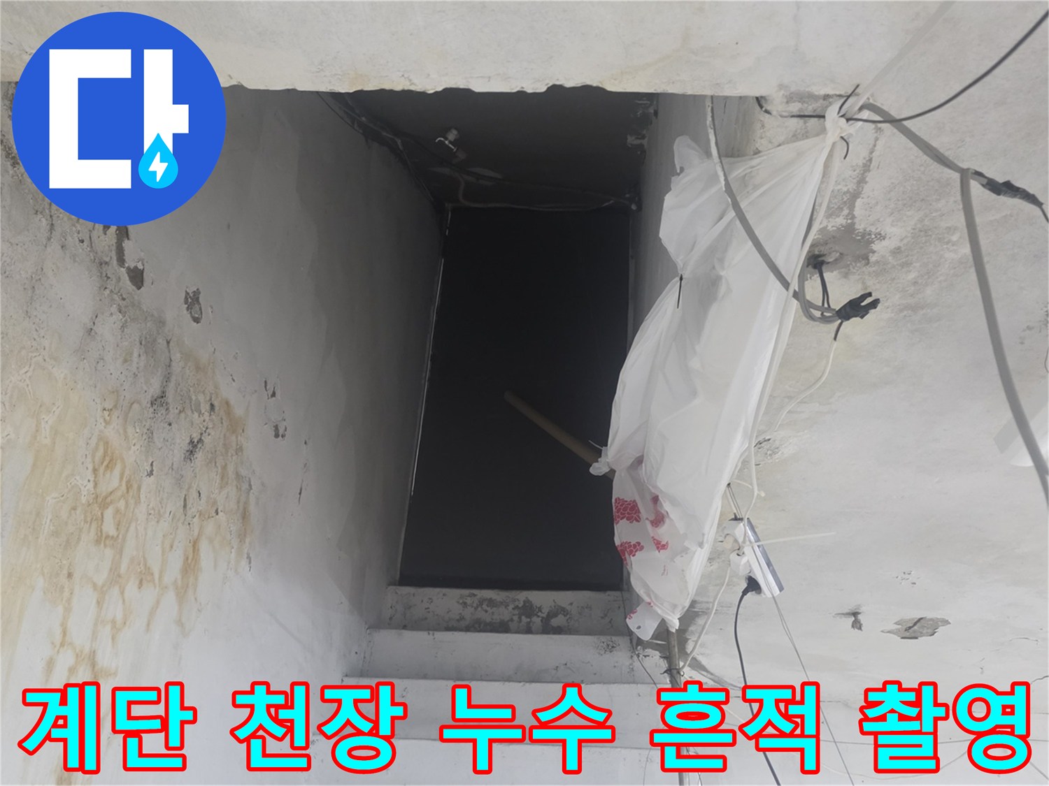 누수로 인해 변색된 지하 계단 천장과 벽면