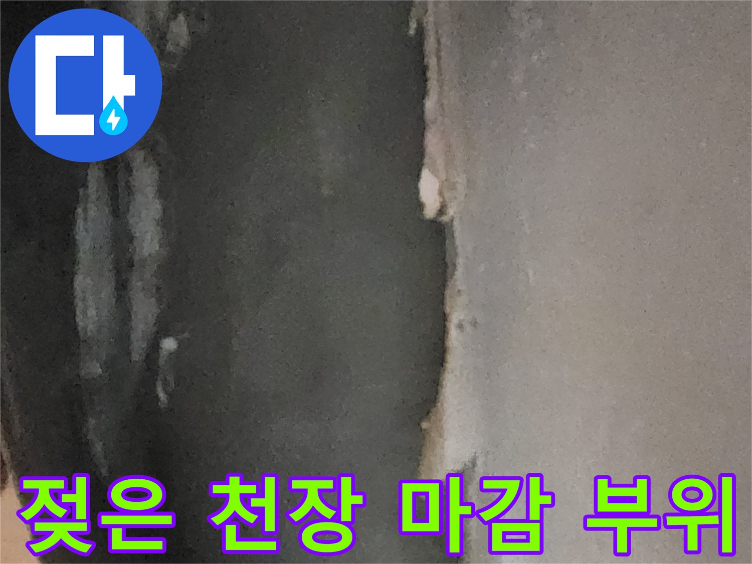 누수로 인해 젖어 있는 지하실 천장 부분