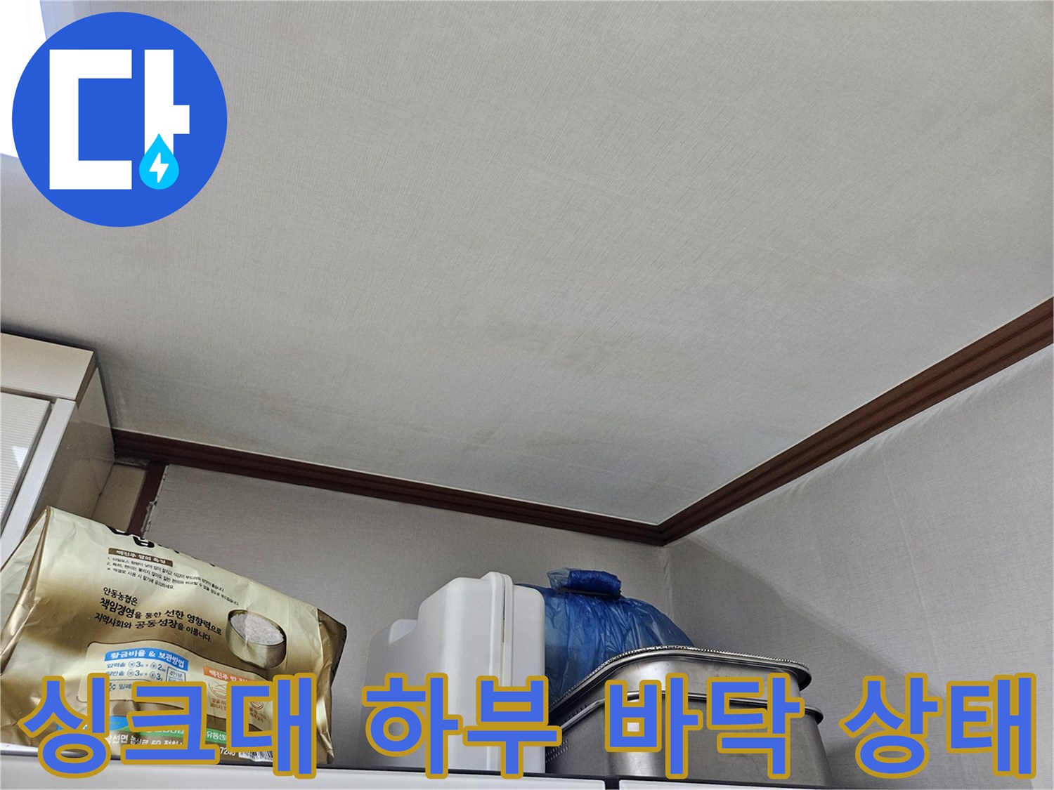 싱크대 하부장 아래쪽의 건조한 바닥면과 보관 중인 물품들