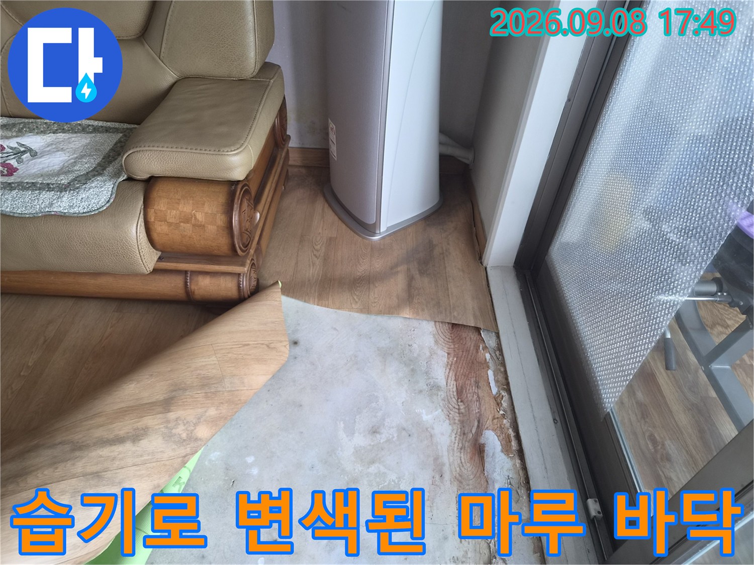거실 마루 자재 아래쪽의 습기 침투와 변색된 부분의 근접 사진