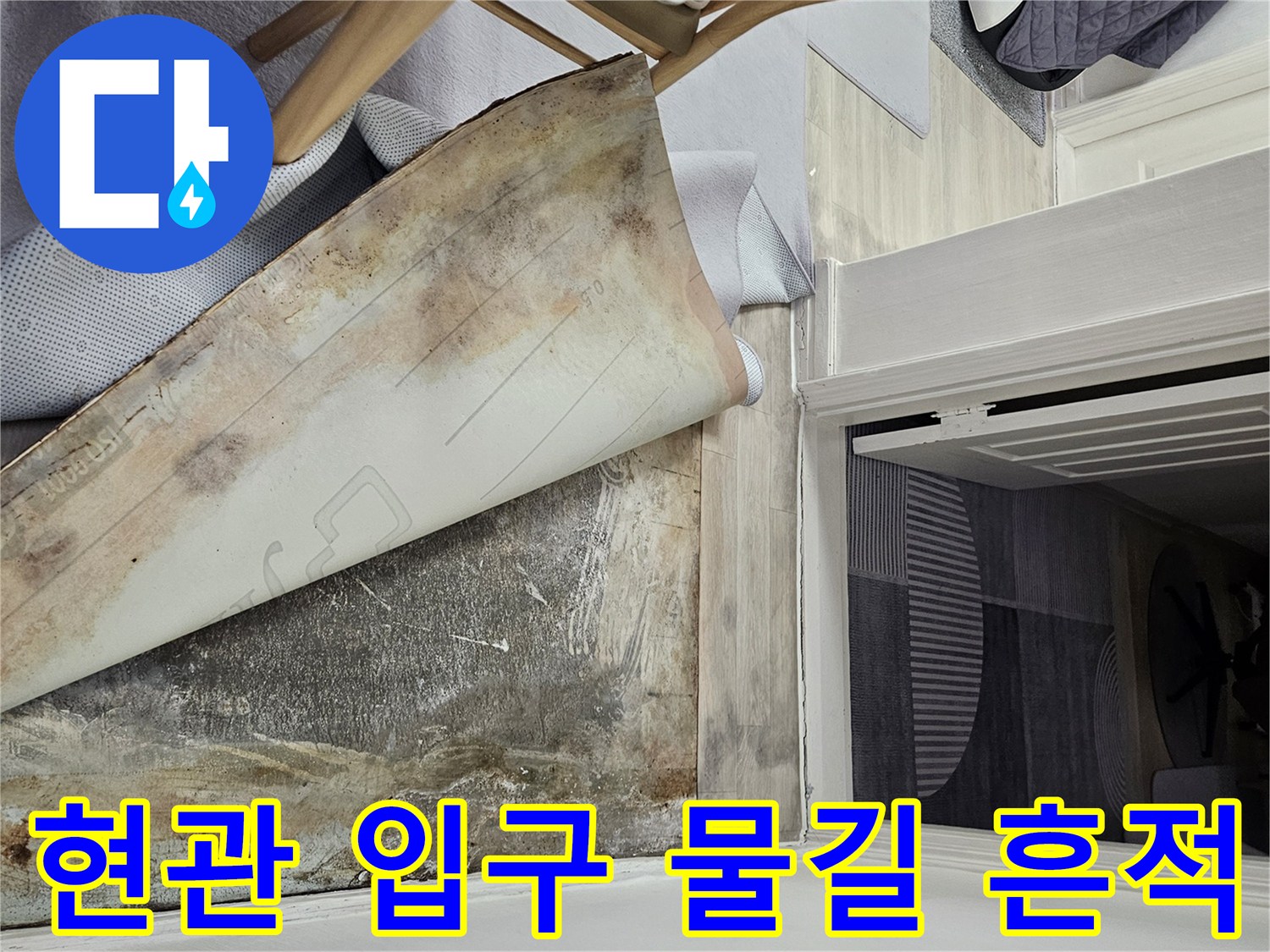현관 대리석 주변의 젖은 바닥과 변색된 마감재 상태