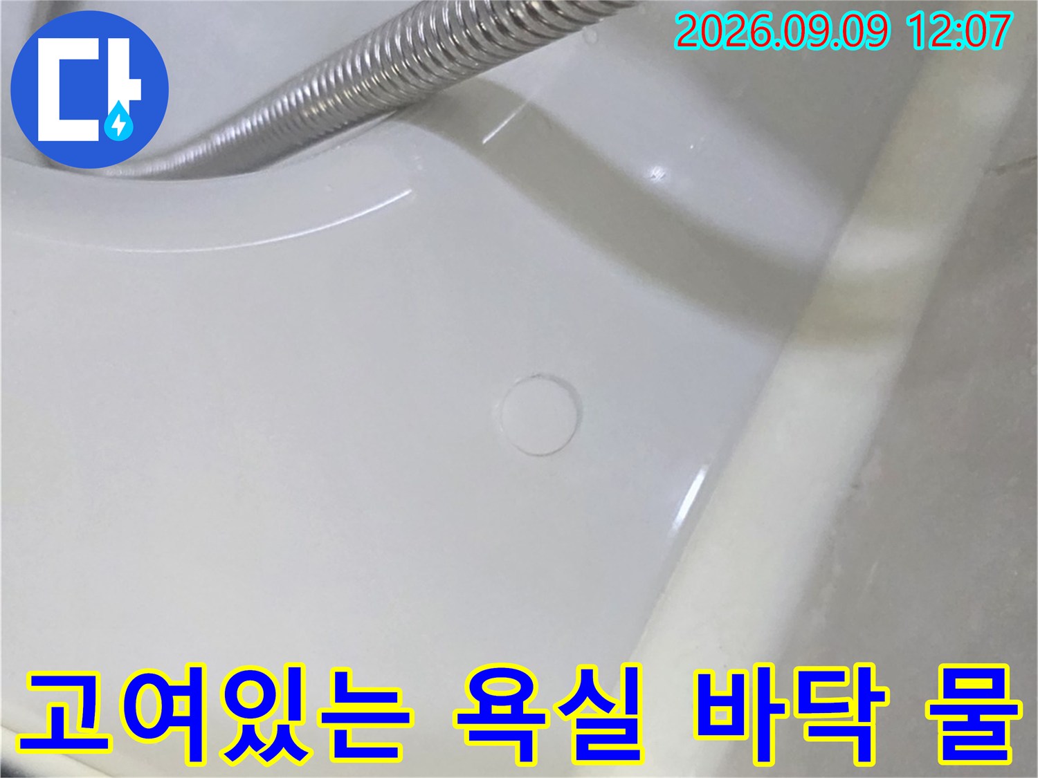 물 고임 현상이 나타난 욕실 타일과 배수구 부근