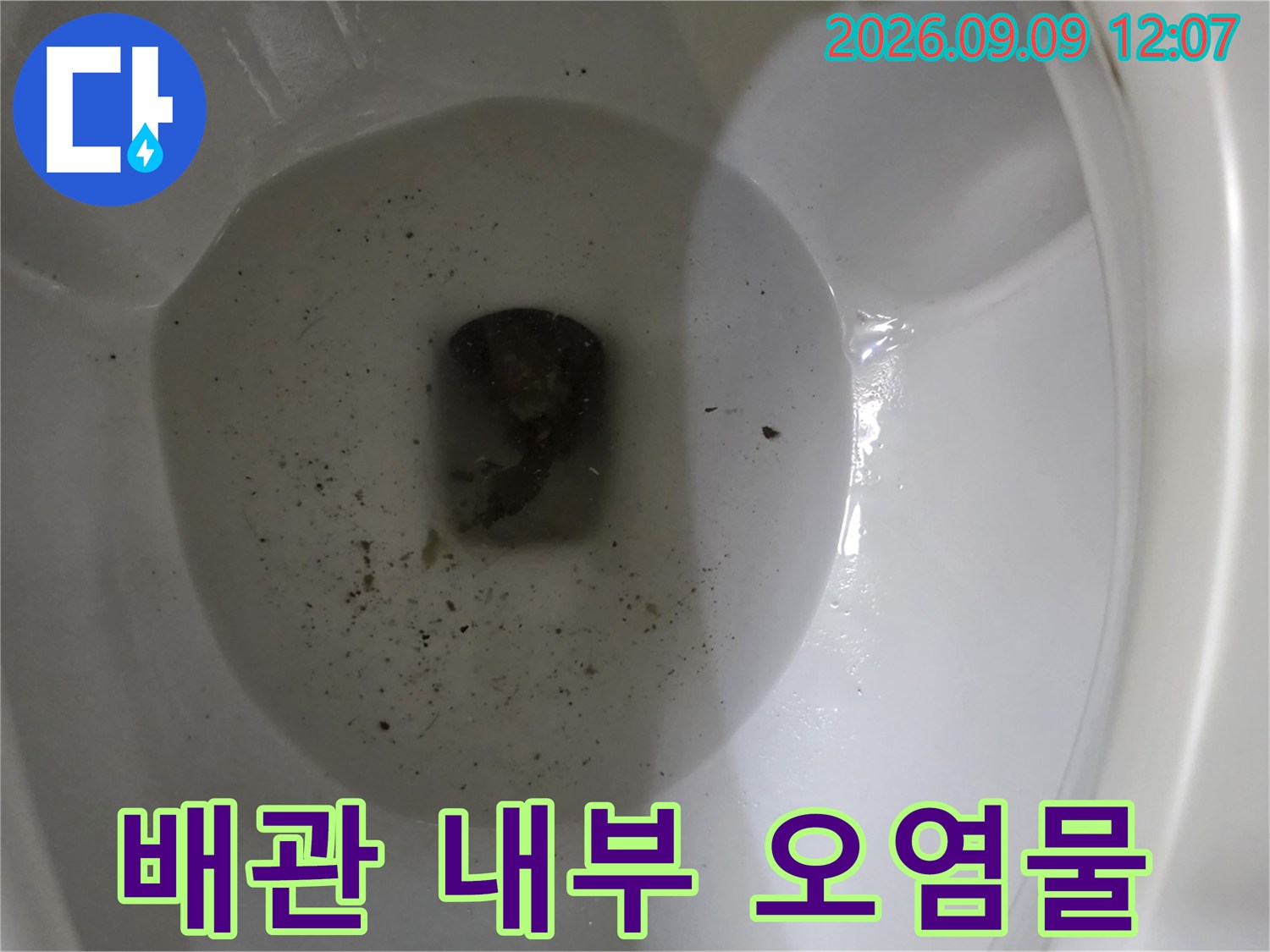 배관 통로를 막고 있는 배수구 오염 물질