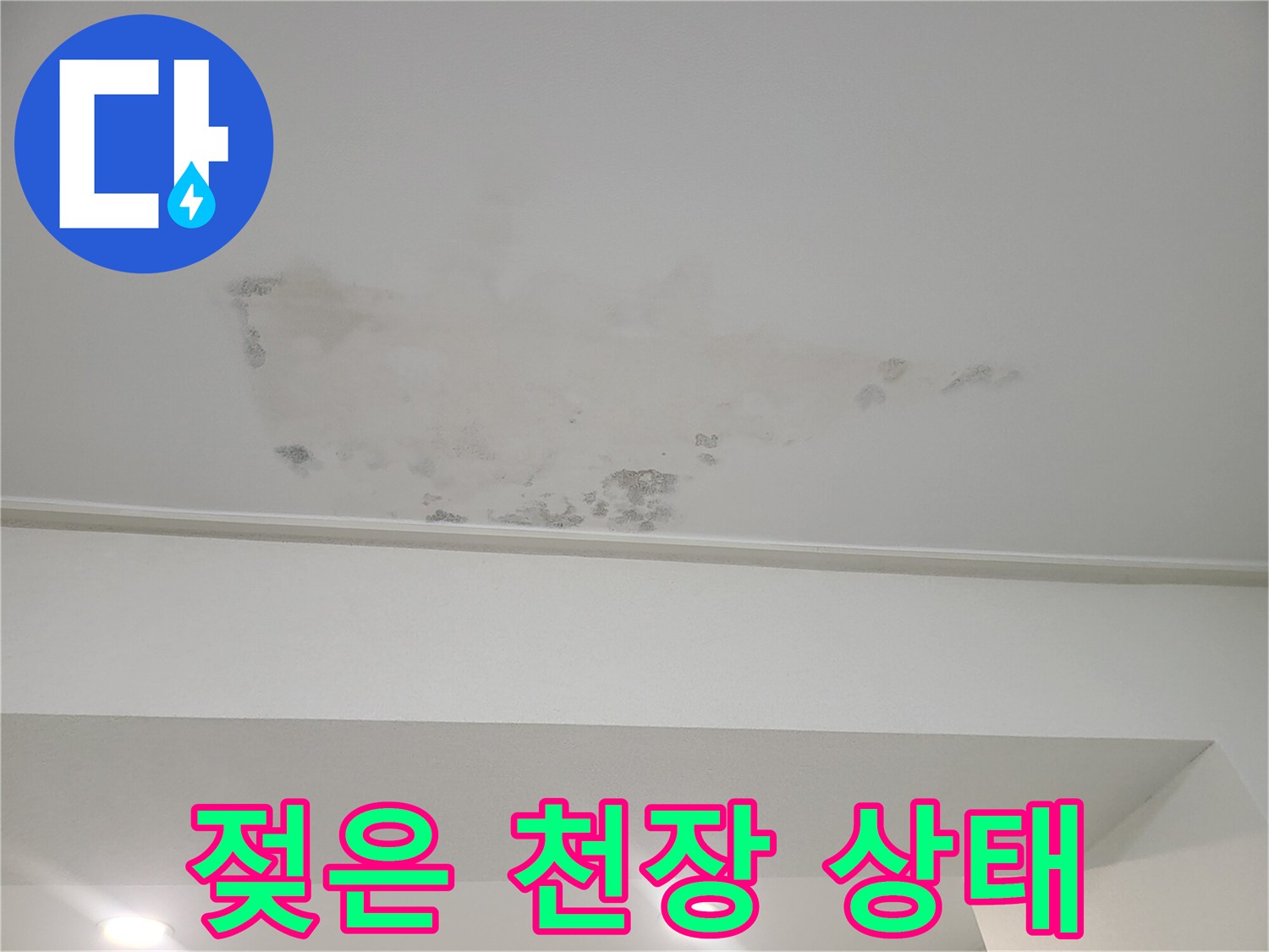 습기로 인해 어둡게 변한 천장 벽지-누수 확인 작업