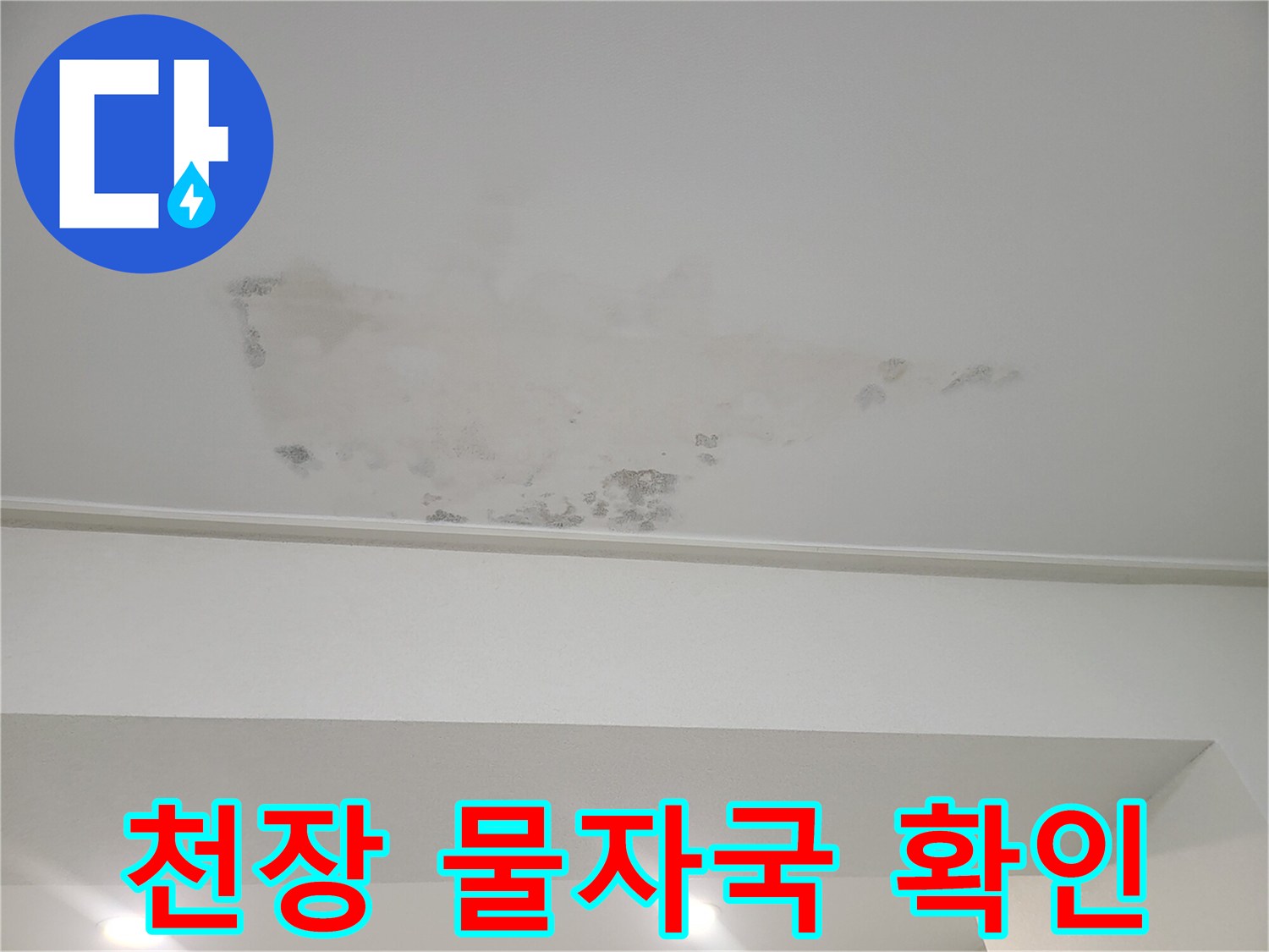 천장 벽지에 나타난 넓은 수침 흔적-누수 발생 상황