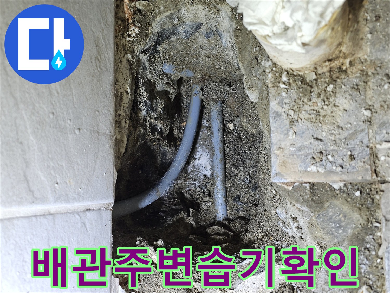 콘크리트 층 내부의 노출된 배관과 젖은 지면
