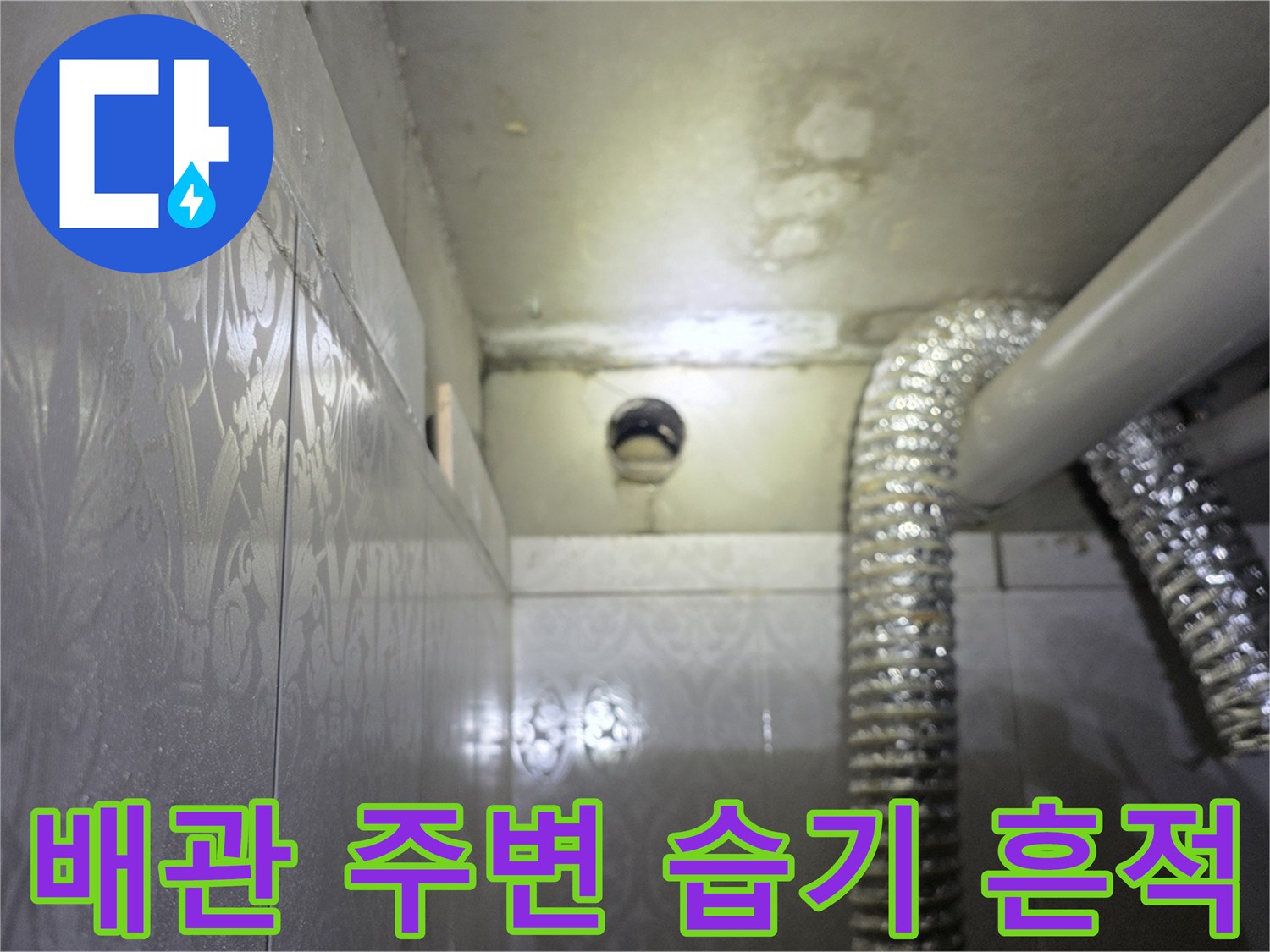 은박 단열재로 감싸진 배관-배관 주변 타일의 젖은 상태