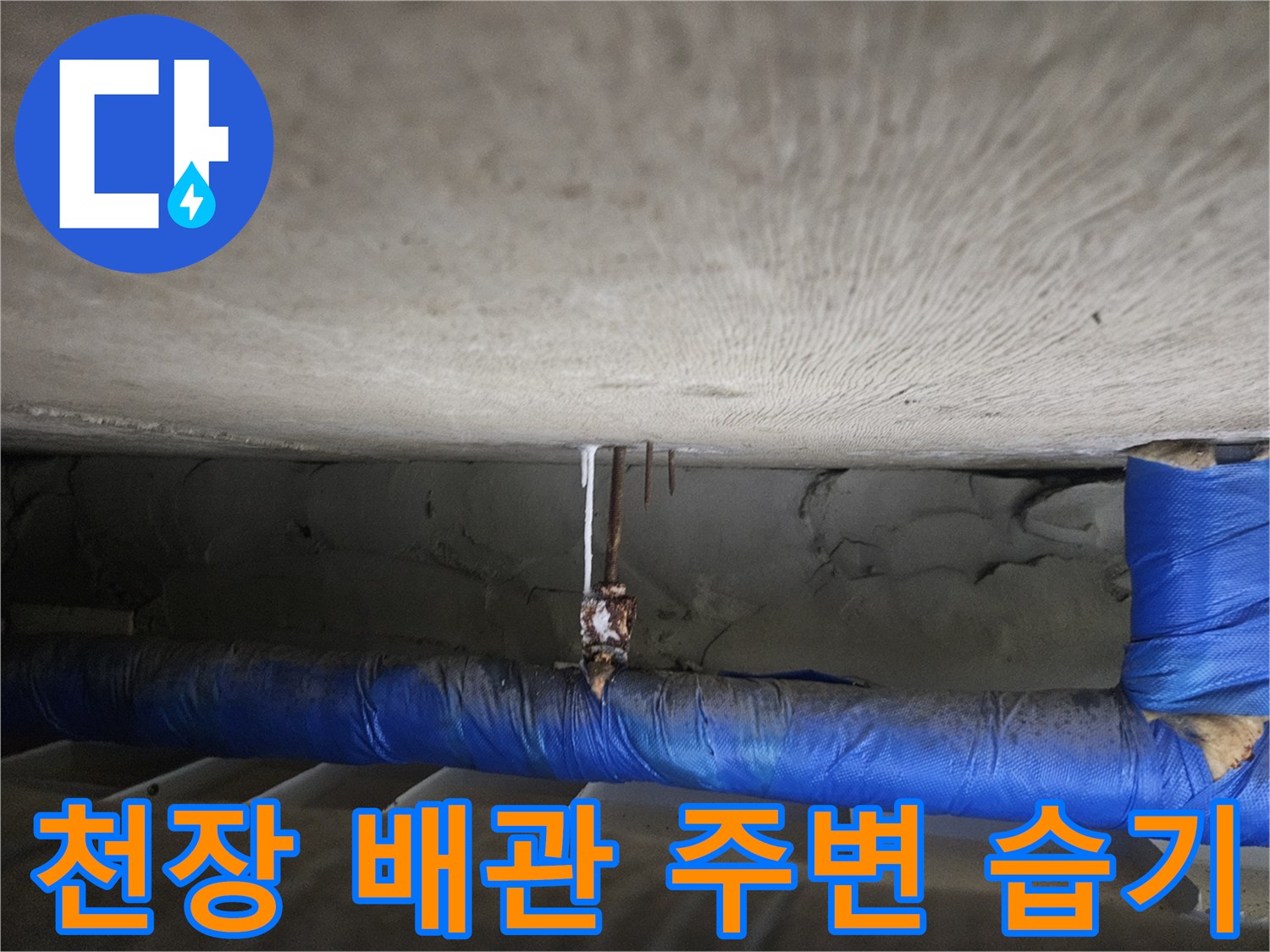 배관 보온재와 천장 콘크리트 사이의 젖은 흔적 확인