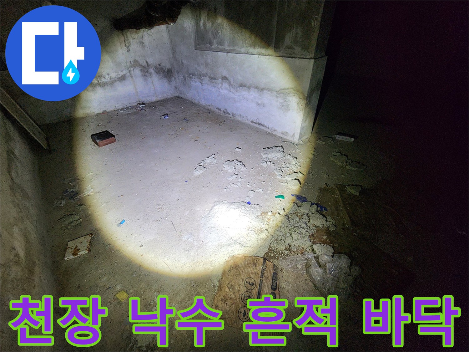 지하 창고 벽면 하단과 바닥에 형성된 습기 및 오염 상태
