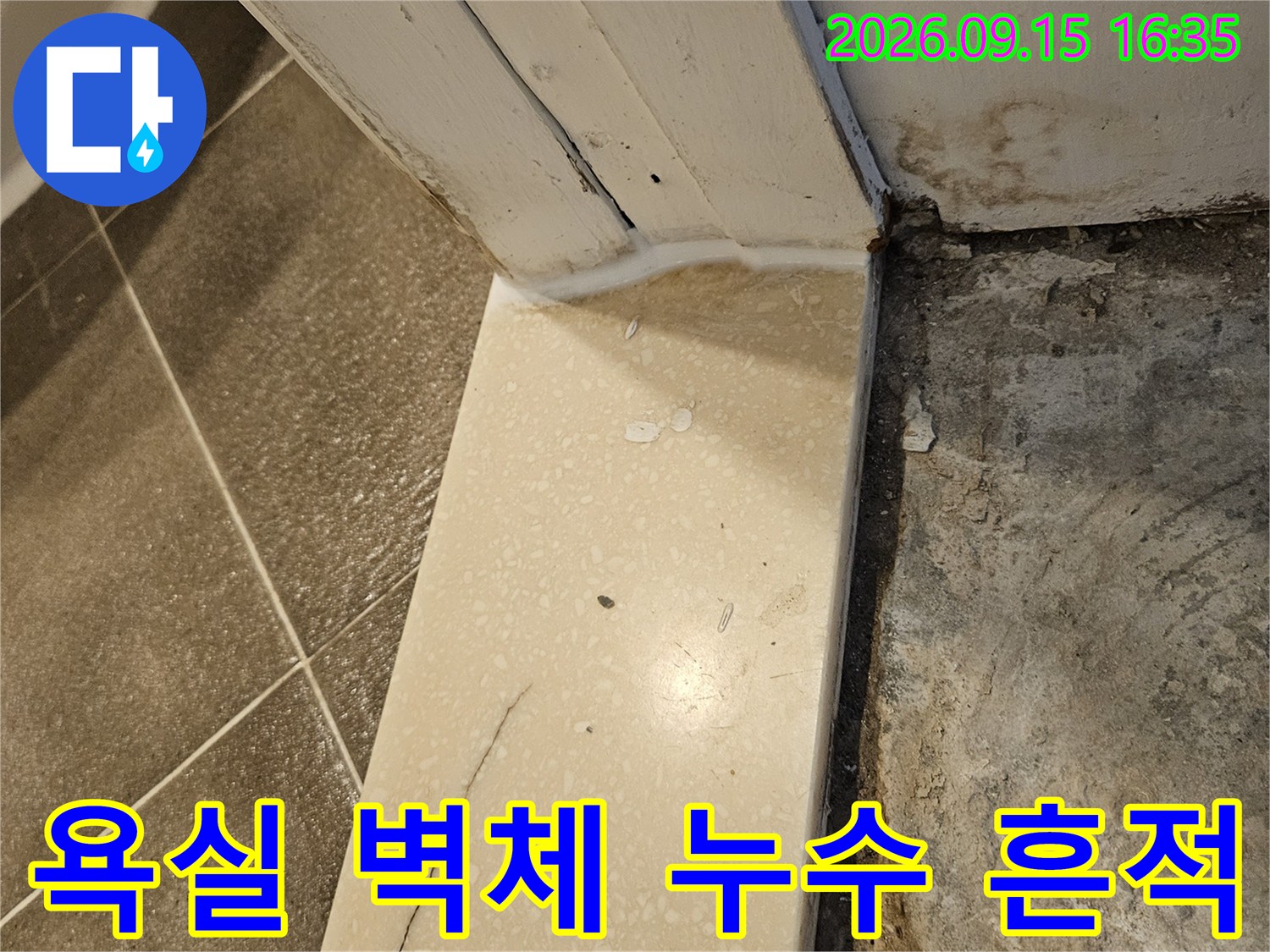 욕실 타일 접합부-상단 시멘트 층의 습기 부위