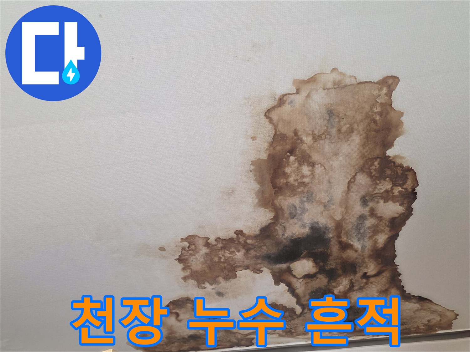 천장 벽면에 넓게 퍼진 갈색의 누수 오염 부위
