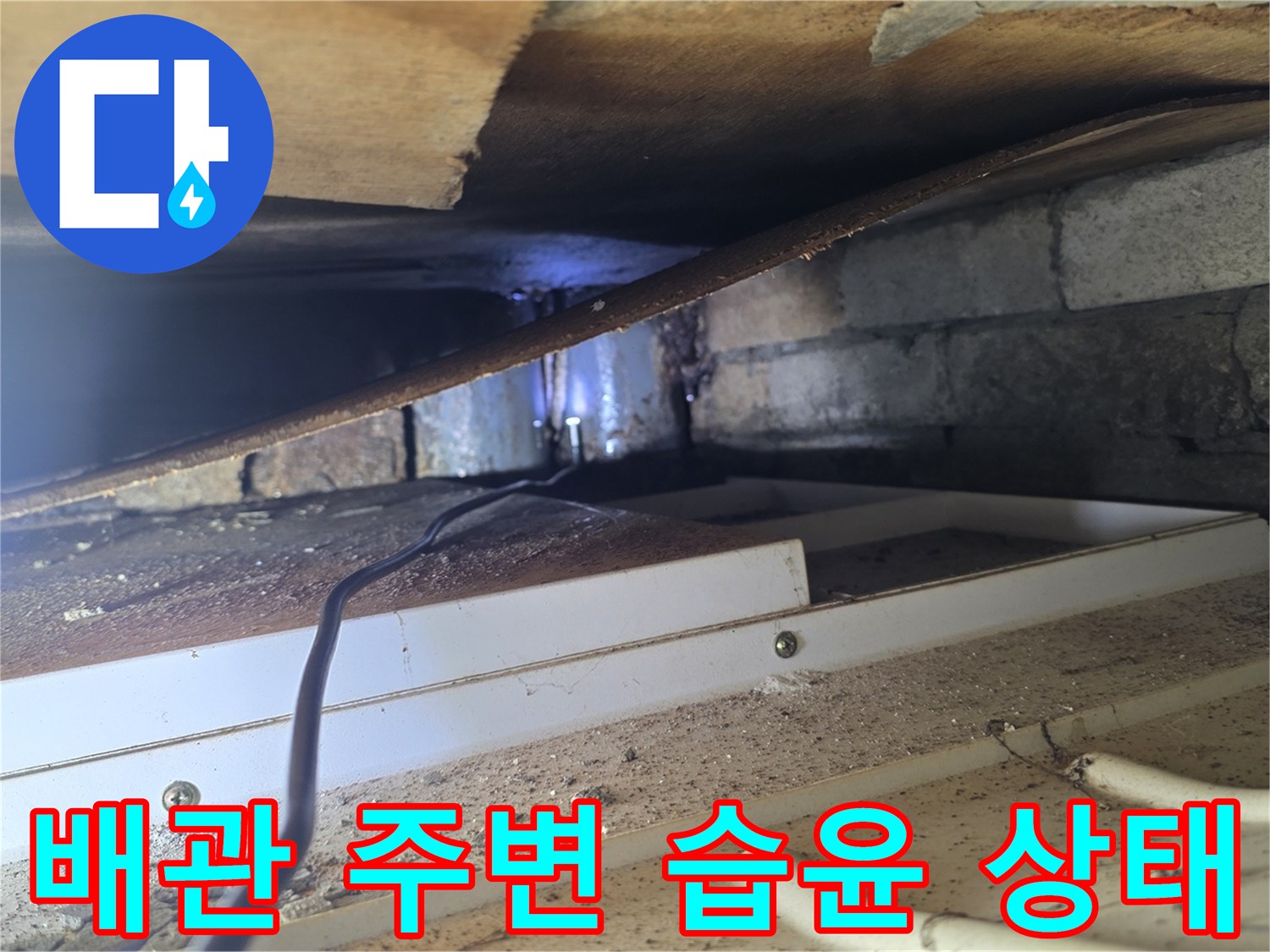 텍스 천장 내부 배관 주위의 젖은 콘크리트 면