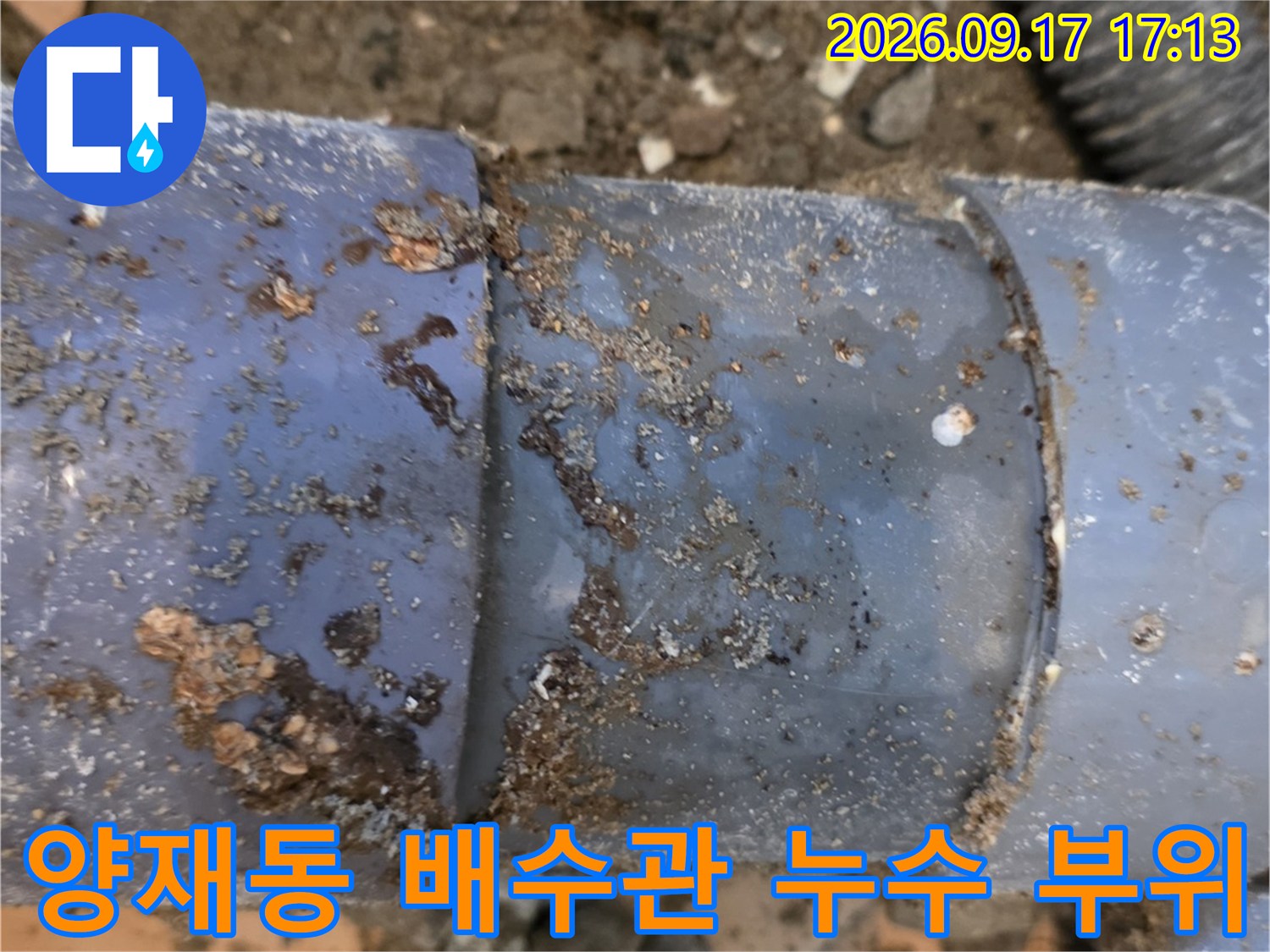 양재동 현장의 파란색 PVC 배관 연결 부위 누수 흔적