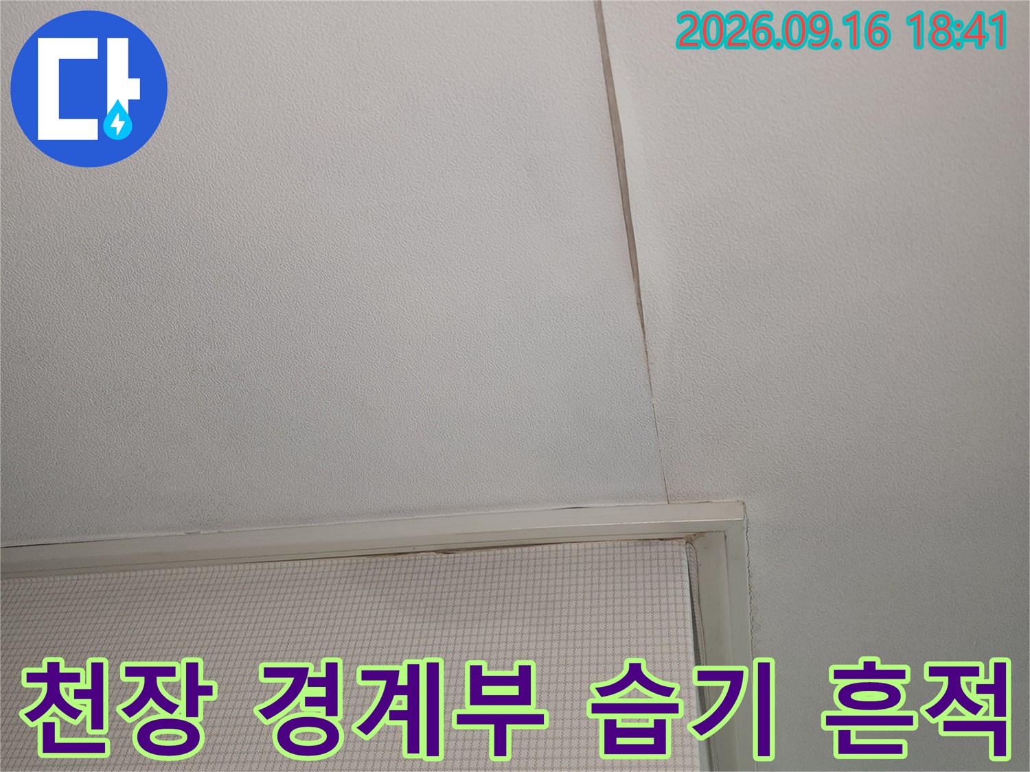 화장실 천장과 벽면 사이의 물기 스며든 흔적