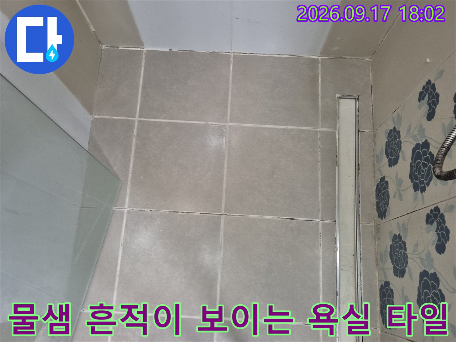 습기가 스며든 것으로 보이는 화장실 타일 벽면 하단 모습입니다.
