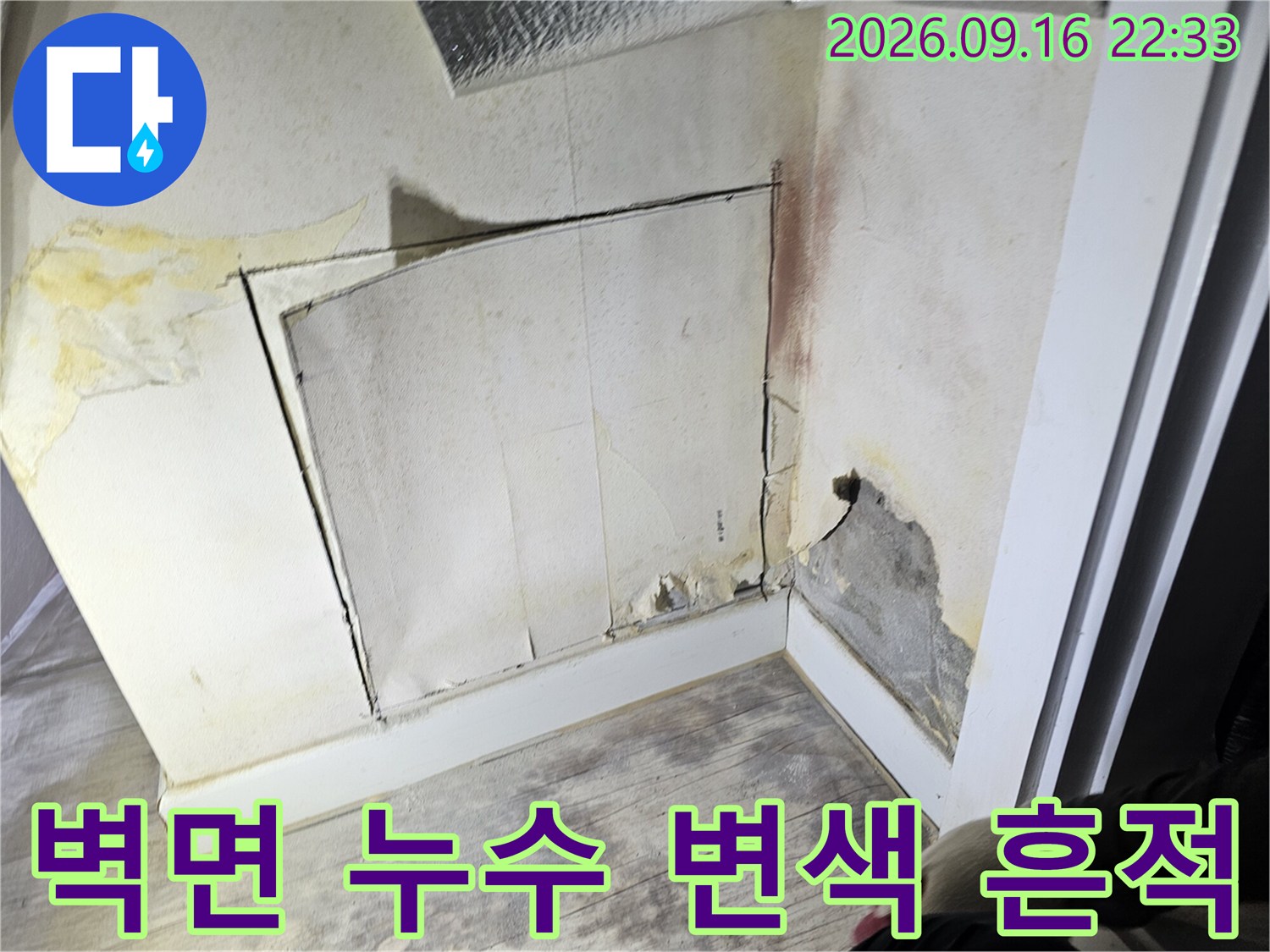 철원군 동송읍 현장의 벽면 누수 자국과 변색된 벽지 상태