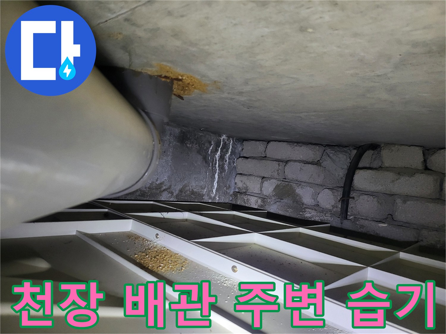 배관 연결 부위의 누수 변색과 젖은 벽면 상태